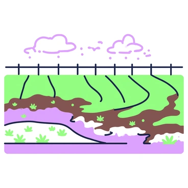 A wide agricultural field is depicted after a heavy rain, showing evident signs of sediment runoff. The field has rows of crops with brown earth exposed in places where the soil has washed away. In the foreground, there are patches of darker soil blended with lighter sediment, creating a varied texture across the landscape. Small rivulets of water can be seen flowing through the field, carrying sediment with them. In the distance, a fence made of wooden posts lines the area, adding a sense of boundary to the scene. The sky above is cloudy, hinting at the recent rain, but the landscape remains vibrant and alive.