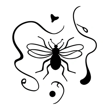 A detailed illustration of a "Drosophila" positioned centrally, showcasing its distinct wing structure and body morphology. The insect is surrounded by swirling lines and geometric forms that evoke a sense of movement. Additional abstract shapes encircle the Drosophila, creating a dynamic flow around it.
