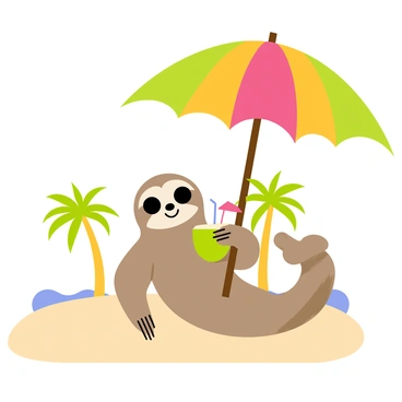 A sloth relaxing under a large, colorful beach umbrella. The sloth is wearing round sunglasses and has a content expression. In its paw, it holds a coconut drink with a straw and a small pink umbrella. The sandy beach stretches out beneath the sloth, and gentle waves can be seen in the background. A few palm trees are visible nearby, providing a tropical atmosphere.