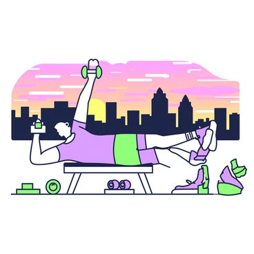 An athlete is performing a dumbbell pullover on a rooftop gym. The athlete is lying on a bench, with one arm extended holding a dumbbell above their chest. The athlete is wearing a fitted workout shirt and shorts. In the background, the setting sun casts an array of vibrant colors across the sky, creating a picturesque scene. The skyline of the city is visible, with various buildings silhouetted against the sunset. The rooftop is equipped with workout mats and weights scattered around, along with a clear view of the horizon.