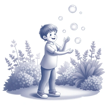 A child is standing in a garden, surrounded by a variety of plants and flowers. The child has a bright smile and is focused on juggling several translucent bubbles that float around them. The bubbles reflect light, creating patterns of light and shadow. The garden is filled with lush greenery and blooming flowers, providing a vibrant backdrop for the scene. Soft sunlight filters through the leaves, casting dappled shadows on the ground. The child wears comfortable clothes suitable for playing outdoors.