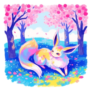 A "Suicune" is resting on a grassy area beneath "blooming cherry blossom trees". The trees are adorned with numerous pink flowers and their branches are swaying gently in the breeze. Soft petals are drifting down around the "Suicune", creating a delicate carpet of pink on the ground. The "Suicune" has its shimmering blue fur glistening in the sunlight, with its elegant, flowing tails spread out behind it. The scene is tranquil, capturing the beauty of nature in spring.