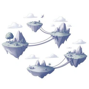A series of floating islands suspended in the air. Each island has varying shapes and sizes, with rugged cliffs and smooth, grassy areas. Rope bridges stretch between the islands, made of thick, weathered ropes, swaying slightly in the breeze. On each island, distinct ecosystems thrive; one island has dense foliage with towering trees and vibrant ferns, while another features rocky outcrops and sparse vegetation. Unique creatures inhabit each ecosystem; a small creature with wings flutters above one island, while a larger, ground-dwelling creature roams the grassy plains of another island. Soft clouds drift in the background, creating a layered atmospheric effect.
