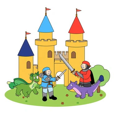 A colorful toy castle made of bright plastic blocks with tall spires and a drawbridge. In front of the castle, two cheerful knights wearing colorful armor, one in blue and the other in red, are playfully facing each other with plastic swords raised. They have smiling faces and exaggerated features. Nearby, two friendly dragons, one green and one purple, are perched on either side of the knights. The green dragon has big, round eyes and tiny wings, while the purple dragon has a goofy expression and is blowing out a small puff of smoke. The scene is set on a grassy patch, with scattered toy trees and flowers surrounding the castle.