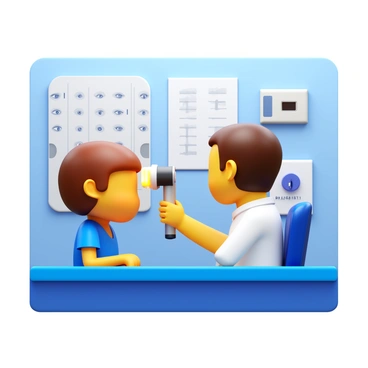 A child sitting in an optometrist's office during an eye check-up. The child has brown hair and is wearing a blue t-shirt. An eye specialist is holding a lighted instrument to examine the child's eyes. The room is equipped with eye charts and various optical instruments. The child looks focused and attentive, while the specialist appears professional and caring.