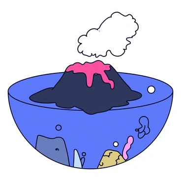 An underwater volcano with a rough, dark surface is visible. Bright red lava is flowing from the volcano into the sea, creating a contrast with the deep blue water. As the lava meets the ocean, it generates large clouds of white steam that rise up into the water, creating bubbles around the eruption. The surrounding area features rocky formations and marine life that are partially illuminated by the glow of the lava.