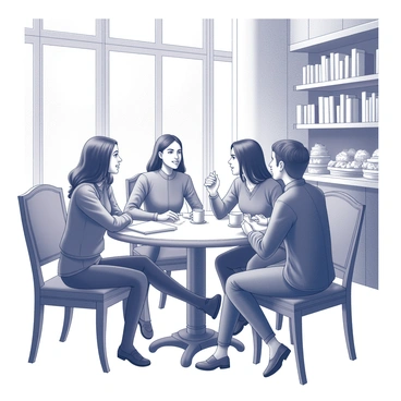 A cozy café in Vienna with ornate wooden furniture and large windows letting in natural light. A group of five students is seated around a circular table, each with a notebook and a pen in hand. Two students are engaged in a discussion, leaning slightly forward with intrigued expressions. One student is sipping from a coffee cup, while another is gesturing animatedly. The café is filled with bookshelves lining the walls, and there are pastries displayed on the counter in the background. The atmosphere is lively yet intimate, emphasizing the camaraderie among the students as they exchange ideas.