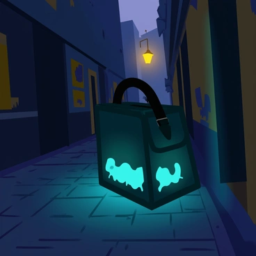 A mysterious bag that emits a soft, glowing light sits in the middle of a dimly lit alleyway. The bag is made of dark leather with intricate stitching, and its glow is a bright turquoise. The alleyway is lined with cobblestones, and the walls are adorned with faded graffiti and peeling paint. Shadows stretch across the ground, adding to the atmosphere of intrigue. A few scattered pieces of litter are visible, and a single dim streetlight flickers in the background, casting a faint yellow glow.