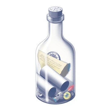 A glass bottle with a cork stopper sits upright. The bottle is filled with rolled-up parchment paper, containing a handwritten memoir. Surrounding the parchment are small trinkets such as a tiny compass, a colorful feather, and an old-fashioned key. The bottle's surface reflects light, showcasing its transparency and delicate curves. The trinkets inside create an intriguing assortment, while the memo, slightly yellowed, is visible at the top, peeking out from the surrounding items.