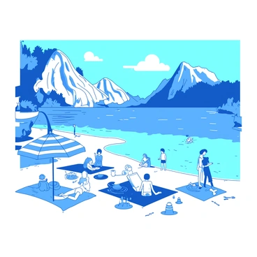 A blue beach scene is set on the sunny shores of Capri. There are multiple striped umbrellas in various colors providing shade to sunbathers. In the foreground, several people are lounging on beach towels, while others are playing in the water. The water is crystal-clear, reflecting the sunlight. A few children are building sandcastles near the shoreline, and a couple is walking along the water's edge. In the distance, the rocky cliffs of Capri rise against the clear sky, enhancing the coastal beauty.