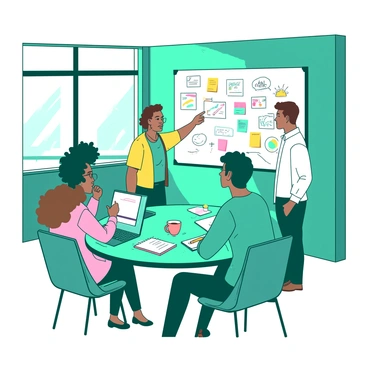 A teal meeting room is filled with five diverse individuals engaged in a lively discussion. They are seated around a round table, with one person standing and pointing at a large whiteboard filled with colorful sticky notes and sketches. The whiteboard displays various ideas and illustrations written in vibrant markers. On the table, there are laptops open, notebooks scattered, and cups of coffee. Sunlight streams through large windows, illuminating the space and reflecting on the faces of the engaged participants.