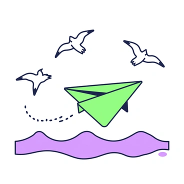 A paper plane flying above the ocean with seagulls in the background