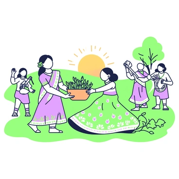 A traditional Indian girl is participating in a harvest celebration in a lush green field. She is wearing a colorful saree with intricate patterns, and her hair is adorned with fresh flowers. In front of her, she is holding a basket filled with harvested crops such as wheat and rice. Surrounding her are other celebrants, some playing musical instruments and others dancing joyfully. In the background, the sun is setting, casting a warm glow over the scene, while a handful of trees sway gently in the breeze.