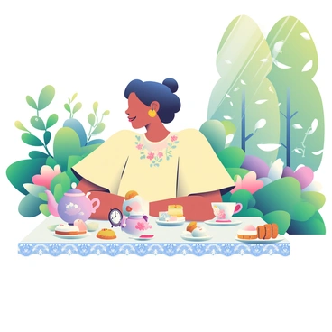 A woman with dark hair styled in an elegant updo is hosting a tea party in a lush garden. She is wearing a flowing, light yellow dress adorned with delicate floral patterns. The table is elegantly set with fine china teacups and a matching teapot, all arranged on a white lace tablecloth. Surrounding the table are assorted pastries and finger sandwiches displayed on elegant porcelain platters. The garden is filled with vibrant green foliage and blooming flowers in shades of pink, purple, and white. In the background, there are tall, leafy trees providing dappled sunlight. A small vintage clock is placed on the table, and a gentle breeze rustles the leaves, adding a sense of tranquility to the scene.