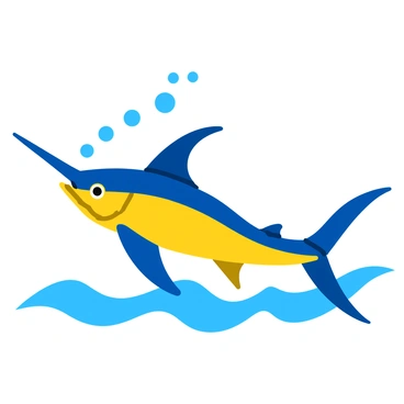 A marlin with elongated fins and a sharp bill swims through the water. The marlin's body is adorned with intricate geometric patterns and vibrant colors, making it stand out. Bubbles rise around the fish, adding dynamic movement to the scene. The background consists of gentle waves, emphasizing the marlin's agility in the ocean.