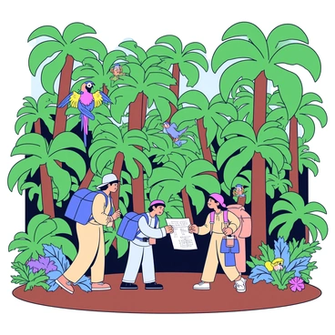 A dense jungle filled with tall green trees and thick foliage. Several explorers are in the scene, wearing khaki clothing and carrying backpacks, intently looking at a map. Various exotic wildlife is present, including a colorful parrot perched on a branch and a small monkey hanging from a vine. The ground is covered with rich brown soil, and a few ferns and flowers add splashes of color to the greenery.
