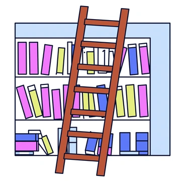 A wooden library ladder with a warm brown finish is leaning against tall shelves. The shelves are filled with books of various sizes and colors, including bright reds, deep blues, and soft greens. The books are neatly arranged, and some are standing upright while others are stacked horizontally. The ladder has rungs that are evenly spaced, and the top is positioned just below the highest shelf, inviting someone to climb up.
