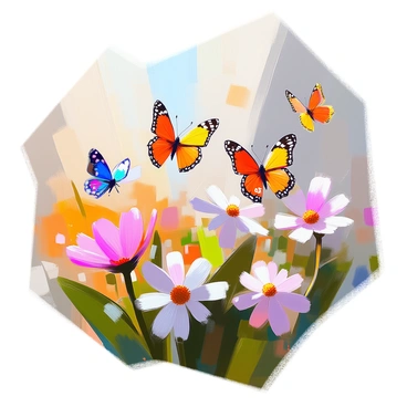 A vibrant garden filled with blooming flowers in various colors serves as a backdrop. Several butterflies are flitting around, their wings uniquely shaped like colorful price tags. Each butterfly displays a different hue, such as bright yellow, deep blue, and vivid pink, with intricate patterns resembling numbers and symbols. The butterflies gracefully hover among the blossoms, creating a lively scene. Sunlight filters through the leaves, casting playful shadows on the ground below.