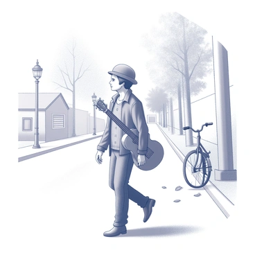 An ex-musician is walking along a quiet street. They have a guitar slung over their shoulder, and their expression is contemplative. The street is lined with trees, and a few leaves are scattered on the pavement. The musician's clothing is casual, suggesting a relaxed demeanor. There are small details like a vintage lamp post nearby and a parked bicycle in the background, enhancing the peaceful setting. The scene captures a moment of introspection as the musician reflects on their journey.