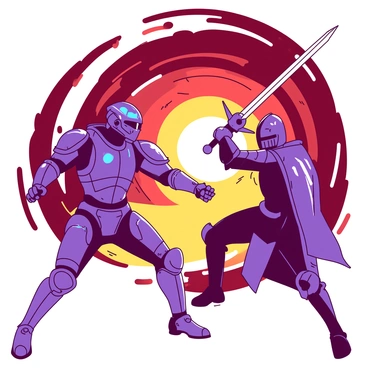 A futuristic soldier in sleek armor equipped with high-tech weaponry is engaged in combat with a medieval knight clad in shining armor and wielding a sword. The soldier is positioned on the left, with glowing blue accents on the armor and a determined expression. The knight stands on the right, brandishing the sword with a fierce look, the reflection of light glistening off the metal. They are locked in a dynamic clash, with the background dominated by a swirling time portal that transitions between deep red and vibrant yellow hues, creating a sense of motion and energy around them.