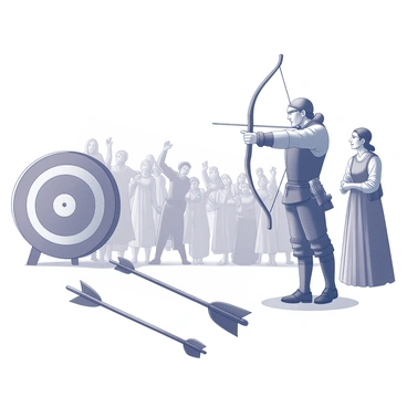 A figure dressed in medieval attire stands confidently at an archery range. The archer is focused, aiming a bow with precision. In the foreground, two arrows are visibly split apart at their midpoints, showcasing the impressive feat of splitting an arrow in two. The background features a wooden target with concentric rings, indicating a bullseye at the center. Nearby, a crowd of onlookers watches in awe, including men and women in period clothing, some raising their arms in celebration. The scene captures the excitement and triumph of winning the contest.