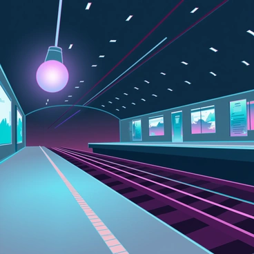 A single light bulb hanging from the ceiling of an empty subway station, casting a warm glow on the cold, gray concrete floor. The walls are lined with faded advertisements and the metallic benches are unoccupied. Shadows stretch across the empty tracks, and the platform is devoid of any passengers. The atmosphere is quiet, with only the faint sound of dripping water echoing from somewhere in the distance. The light bulb flickers slightly, illuminating the dull colors of the surrounding area, creating a stark contrast against the darkness of the night outside.