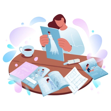 A designer is seated at a wooden table, surrounded by a collection of old fashion magazines. The designer has their hands poised over a glossy magazine, showcasing elegant dresses and accessories. Scattered around the table are various magazines, some with vibrant covers and intricate designs, while others are open to pages featuring detailed illustrations of clothing. A warm cup of coffee rests beside the magazines, and a sketchbook with pencil sketches of potential designs is placed next to them. The ambiance is filled with creativity and nostalgia, highlighted by soft, gradient pastel colors in the background.