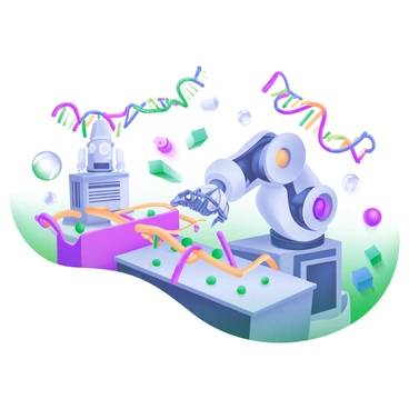 A modern pastel illustration depicting a molecular factory where "DNA polymerase" is actively assembling "DNA strands" on an "assembly line." The assembly line is filled with colorful, elongated DNA strands that twist and turn. In the foreground, a robotic arm is seen interacting with the DNA strands, while various molecular components are arranged around the factory setting. The background features stylized representations of other molecular machines and enzymes working alongside the DNA polymerase, creating a bustling scientific environment.