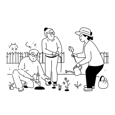 A group of seniors is working together in a community vegetable garden. One man, with a white beard and glasses, is kneeling in the soil, planting young seedlings. Another woman, with gray hair pulled back into a bun, is watering the plants with a long-spouted watering can. A third senior, wearing a straw hat, is using a small trowel to weed around the vegetables. In the background, there are rows of flourishing plants, and a wooden fence encloses the garden area. The sun is shining down on them as they collaborate and share smiles while tending to their garden.
