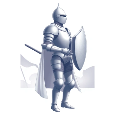 A brave knight wearing an egg-shaped helmet stands in a strong, poised position, ready for battle. The knight is clad in intricately detailed armor, featuring various patterns and textures that showcase strength and valor. The stance is firm, with the left foot slightly forward and the sword held confidently at the side. The background is a suggestion of a battlefield, with a hint of distant figures and banners fluttering. The knight's expression shows determination and focus, reflecting the seriousness of the moment.