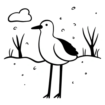 A curlew standing out in a snowy landscape, its feathers fluffed for warmth