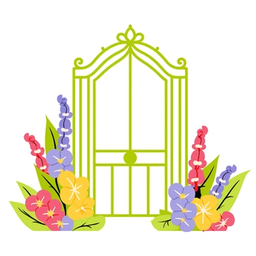 An ornate garden gate with intricate metalwork stands tall in the center of the image. The gate is painted in a deep green color, accented with golden details that catch the light. Surrounding the gate, a variety of blooming flowers in vibrant colors, such as red, yellow, and purple, create a lively scene. The flowers are arranged in clusters, with some towering over others, adding depth to the composition. Lush green leaves frame the flowers, enhancing the overall beauty of the garden setting.