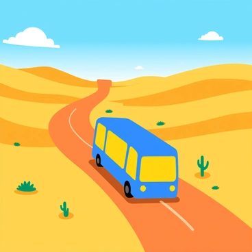 A blue bus driving along a winding dirt road in a vast desert landscape. The bus has bright yellow headlights and large windows reflecting the sunlight. Surrounding the road are rolling sand dunes with a golden hue, stretching towards the horizon. A few sparse desert plants and cacti are scattered throughout the scene, adding touches of green to the sandy environment. Above, a clear blue sky with a few fluffy white clouds emphasizes the warmth of the day. The sun casts long shadows behind the bus, creating a vibrant contrast with the warm tones of the desert.