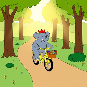 A cartoon elephant named "Babar" is riding a bright yellow bicycle along a winding forest path. The path is surrounded by tall, green trees with vibrant leaves filtering sunlight that streams down in golden rays. Babar has a friendly smile on his face and is wearing a red crown. His bicycle has a large front basket filled with colorful flowers. On either side of the path, small bushes and patches of wildflowers add splashes of color to the scene. A few butterflies flutter around, enhancing the cheerful atmosphere of the illustration.