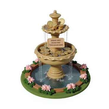 A fountain with a vintage design is pouring out a stream of shiny coins. The coins flow gracefully into a collection basin below. The fountain is adorned with intricate carvings and has a sign that reads "annuity returns" prominently displayed on its front. Water cascades around the coins, creating a sparkling effect as it splashes into the basin. The surrounding area has lush greenery and flowers, adding to the vibrant scene.