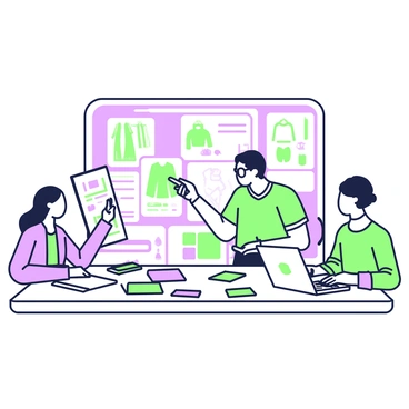 A team of three designers is gathered around a large, rectangular table, engaged in an intense brainstorming session. Each designer is holding a sketchpad filled with fashion designs. On the left, a woman with long hair sketches ideas for clothing, while a man with glasses is pointing at a laptop displaying an AI-generated fashion concept. In the center, another designer with short hair takes notes, looking thoughtfully at the designs. Surrounding them are color swatches and fabric samples scattered across the table, showcasing various textures. A large whiteboard behind them is filled with notes and diagrams, illustrating their collaborative process.