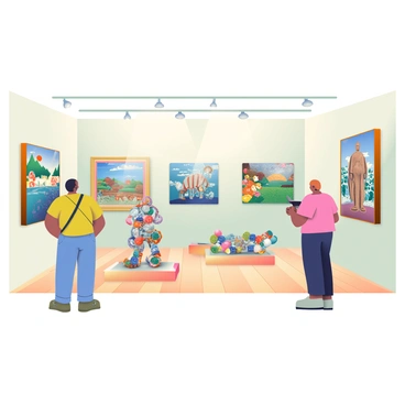 An art gallery interior features various paintings and sculptures made from recycled materials. The walls are adorned with colorful paintings depicting landscapes and abstract designs, created from bottle caps, cardboard, and old magazines. In the center of the gallery, several sculptures are displayed, including a large figure made from twisted metal scraps and a whimsical animal crafted from reused plastic bottles. The floor is polished wood, reflecting the vibrant colors of the artwork. Soft lighting illuminates each piece, enhancing the textures and details of the recycled materials used in their creation. Visitors are seen admiring the art, engaging in conversation about the creative use of sustainable resources.