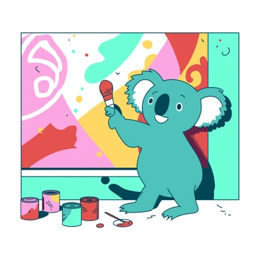 A teal koala is standing on its hind legs, holding a red paintbrush in its right paw. The koala is positioned in front of a large wall, which features a vibrant, colorful mural that includes intricate patterns and various shapes in multiple colors. The koala is carefully applying red paint to the wall, creating swirls and dots. Around the base of the wall, there are small paint cans in different colors, adding to the lively atmosphere of the scene. The koala has a focused expression, with its ears perked up as it works on the mural.