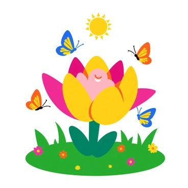 A gentle spirit emerging from a bright, colorful flower, which has vibrant petals in shades of pink and yellow. The spirit has a soft, glowing appearance and is situated at the center of the flower. Surrounding the flower are several butterflies with intricate patterns on their wings, showcasing bright colors like blue, orange, and yellow. The meadow is filled with green grass and scattered wildflowers, providing a lively and cheerful atmosphere. The sun shines down, casting a warm light over the scene.