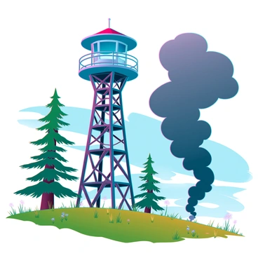 A tall fire lookout tower made of weathered wood and metal stands prominently on a grassy hill. The tower is cylindrical in shape, with multiple observation levels and a roof topped by a small, bright red structure. Surrounding the tower are pine trees with lush green foliage. In the distance, dark gray smoke is billowing up into the sky, swirling ominously against a backdrop of blue. The sky is partially cloudy, with hints of sunlight breaking through the clouds. The hill slopes down gently, adorned with patches of wildflowers and golden grasses.