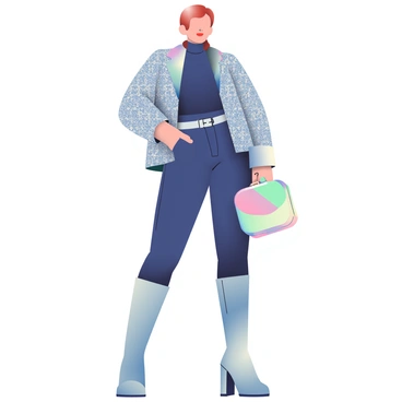 A high-end luxury outfit features a fitted jacket made of shimmering metallic fabric, adorned with intricate geometric patterns. The jacket has tapered shoulders and elongated sleeves, giving it a sleek silhouette. Underneath, there is a high-collared, form-fitting top in a deep shade of navy blue. The pants are tailored with a glossy finish, hugging the figure closely and featuring asymmetrical cuts along the sides. The outfit is complemented by knee-high, angular heeled boots made from a soft yet durable material. Accessories include a minimalist belt with a luminous buckle and a structured handbag with a holographic finish, resting against a softly lit backdrop.