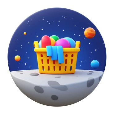 A laundry basket positioned on the surface of the moon. The basket is filled with colorful clothes, partially spilling over the edge. The lunar surface is rocky and gray, with fine dust scattered around. In the background, a starry sky is visible, showcasing numerous bright stars and distant planets, including one that is large and colorful. The moon's horizon curves gently, adding depth to the scene. The overall composition highlights the contrast between the mundane laundry basket and the vastness of outer space.