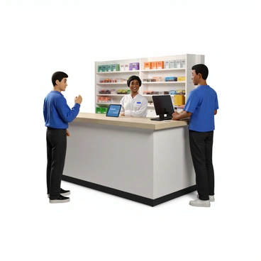 A customer with light skin and short hair stands at a retail counter. The customer is wearing a blue shirt and black jeans while holding a pen in one hand. In front of them is a tablet connected to the counter, displaying a "Loyalty Program Sign-Up" form. The retail counter has a sleek design, with various merchandise neatly arranged behind it. A staff member, with dark skin and a name tag, smiles as they assist the customer in signing up for the program. The background features shelves filled with colorful products, creating an inviting shopping atmosphere.