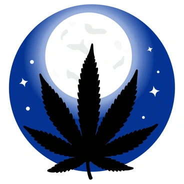 A dark silhouette of a cannabis leaf is prominently positioned in the foreground. The leaf features distinct serrated edges and five elongated leaflets. Behind it, a large, luminous full moon radiates bright white light, illuminating the night sky. The sky is a deep navy blue, dotted with small, twinkling stars. The moon has a textured surface, displaying craters and shadows, adding depth to the scene. The overall composition balances the bold silhouette of the leaf with the glowing presence of the moon, creating a striking visual contrast.