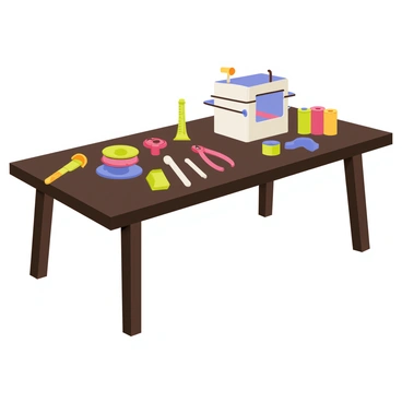 A craftsman's table made of dark wood, with a smooth surface and sturdy legs. On one side of the table, there are various hand tools such as a hammer, pliers, a measuring tape, and a set of chisels neatly organized. On the other side, there is a compact 3D printer with visible filament spools in bright colors, along with a small collection of printed objects displayed nearby. The overall scene is well-lit, showcasing the contrast between traditional craftsmanship and modern technology.