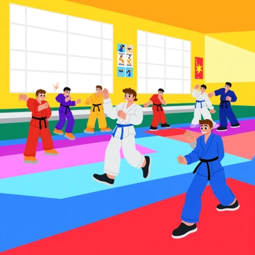 A group of children practicing martial arts moves in a colorful dojo. The dojo features bright red and blue mats covering the floor. Each child is wearing a different colored uniform, with some in white, others in blue, and a few in red. The children are mid-motion, demonstrating various martial arts stances and kicks. In the background, colorful banners and posters are hanging on the walls, showcasing different martial arts techniques. Sunlight streams through large windows, illuminating the vibrant scene.