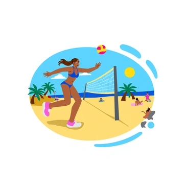 A volleyball player leaping into the air to spike a brightly colored volleyball over a tall net. The player is wearing a vibrant blue bikini and has long, flowing hair that catches the wind. The background features a sandy beach with people enjoying the sun and playing in the distance. The sun is shining bright, casting shadows on the sand, and there are palm trees swaying gently nearby. The volleyball net is set up in the center of the scene, with the ball mid-air, just above the player's outstretched hand.