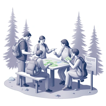 A group of tourists in a Canadian national park, each holding physical maps and travel guides. They are gathered around a wooden table, studying the maps intently. One tourist is pointing at a trail while another is taking notes in a small notebook. In the background, tall evergreen trees rise, providing a natural border to the scene. The ground is covered with pine needles and scattered rocks. One tourist is wearing a backpack equipped with outdoor gear, while another has a camera slung around their neck. A sign nearby indicates various trails and important park information. “Stay on designated trails” and “Prepare for wildlife encounters” are clearly visible on the sign.