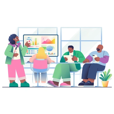 A group of four diverse professionals is engaged in a discussion in a modern office setting. One woman with curly black hair is standing by a large screen displaying a projected presentation with colorful graphs and charts. A man with short brown hair wearing glasses is seated at a sleek glass table, looking thoughtfully at the screen. Next to him, a woman with straight blonde hair is taking notes on a digital tablet, while a man with a shaved head is leaning forward, contributing to the discussion. The office features large windows allowing natural light to flood the space, and there are contemporary furniture pieces, including stylish chairs and potted plants in the background.