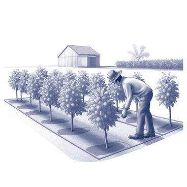 A sustainable farm featuring neatly organized rows of passion fruit vines, their leaves lush and healthy. The farmer is bending down, carefully inspecting the vines while wearing a wide-brimmed hat and comfortable work clothes. In the background, there are additional crops and a small, rustic barn visible. The ground is well-tended with signs of care and cultivation, indicating a thriving farming environment.